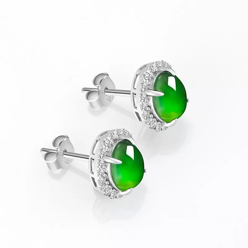 Natural Imperial Green Jade Stud Earrings – Oval Ice Jade Cabochon with S925 Silver | Elegant Minimalist Jewelry