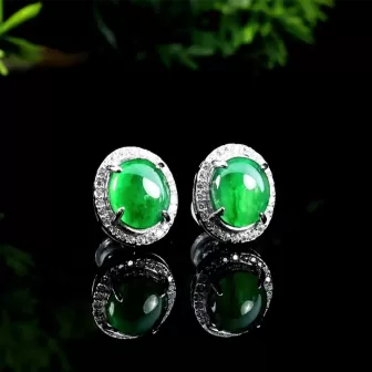 Natural Imperial Green Jade Stud Earrings – Oval Ice Jade Cabochon with S925 Silver | Elegant Minimalist Jewelry