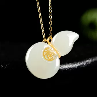 Blessings & Prosperity – Hetian White Jade Gourd Necklace in 18K Gold