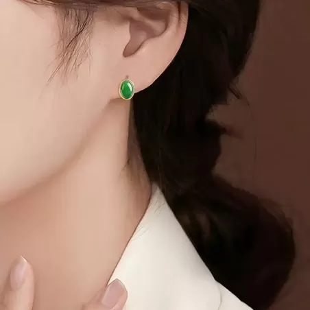 Natural Hetian Jade Stud Earrings – Spinach Green & Smoky Purple Cabochons | S925 Silver Elegant Jade Jewelry