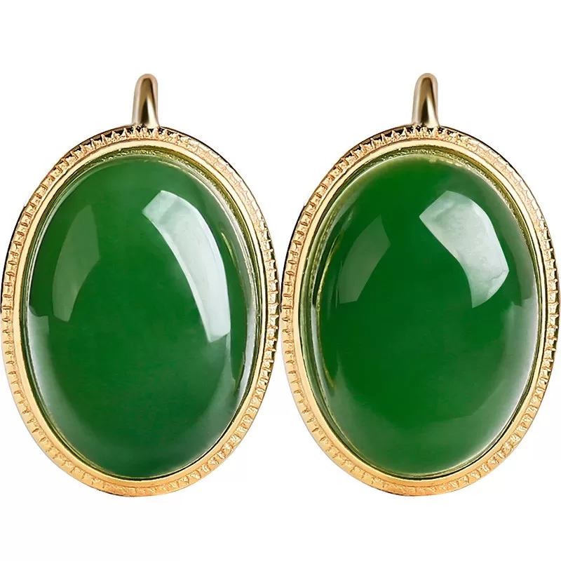 Natural Hetian Jade Stud Earrings – Spinach Green & Smoky Purple Cabochons | S925 Silver Elegant Jade Jewelry