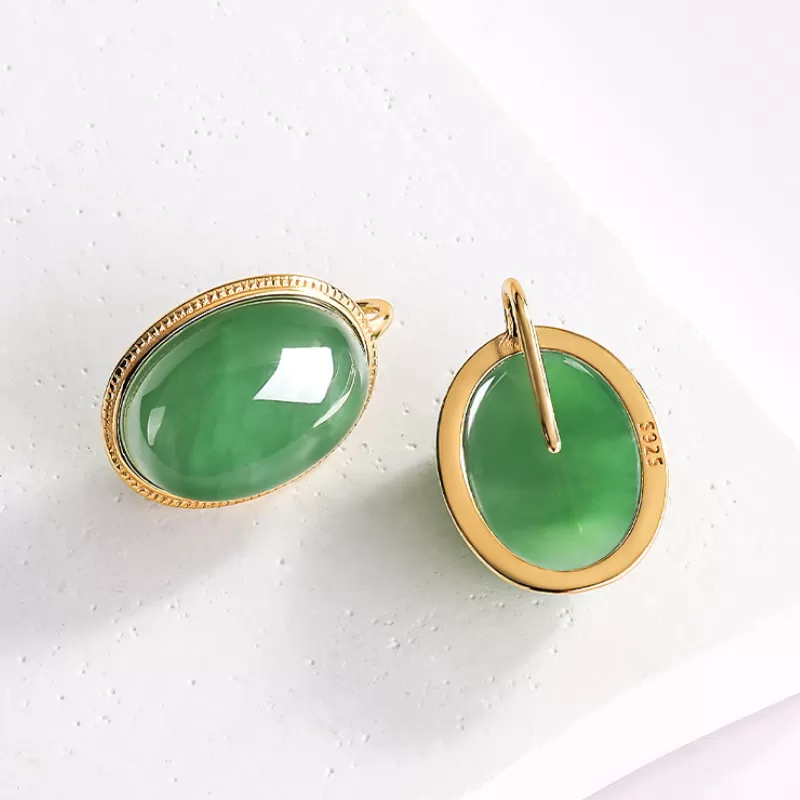 Natural Hetian Jade Stud Earrings – Spinach Green & Smoky Purple Cabochons | S925 Silver Elegant Jade Jewelry