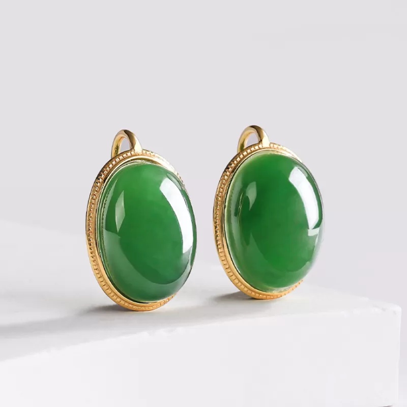 Natural Hetian Jade Stud Earrings – Spinach Green & Smoky Purple Cabochons | S925 Silver Elegant Jade Jewelry