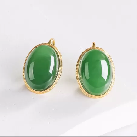 Natural Hetian Jade Stud Earrings – Spinach Green & Smoky Purple Cabochons | S925 Silver Elegant Jade Jewelry