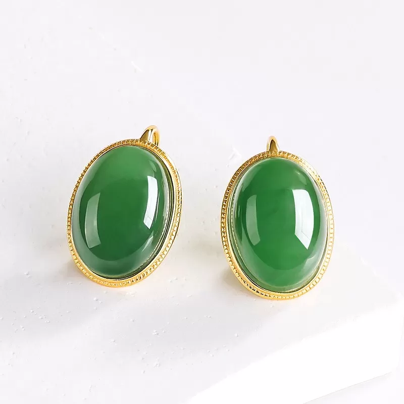 Natural Hetian Jade Stud Earrings – Spinach Green & Smoky Purple Cabochons | S925 Silver Elegant Jade Jewelry