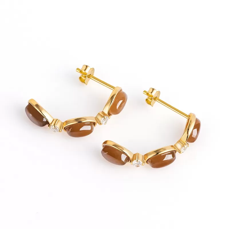 Natural Sugar Hetian Jade Earrings – Caramel Jade Dangle Jewelry with S925 Silver & Thick 18K Gold Plating