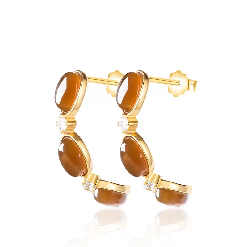 Natural Sugar Hetian Jade Earrings – Caramel Jade Dangle Jewelry with S925 Silver & Thick 18K Gold Plating