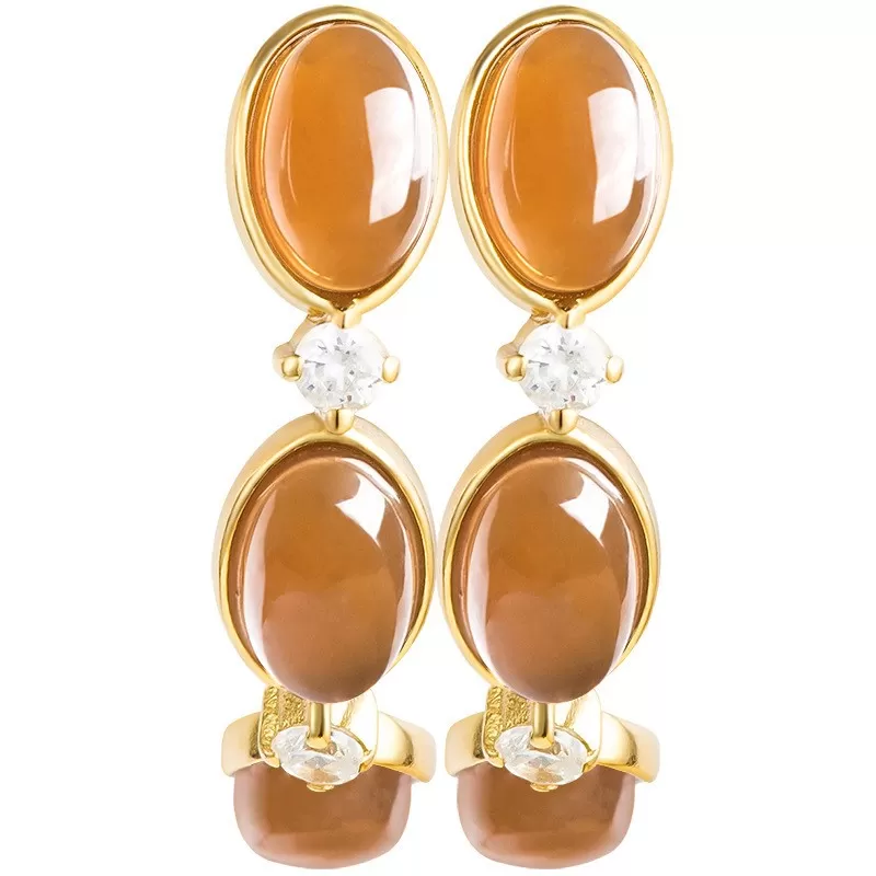 Natural Sugar Hetian Jade Earrings – Caramel Jade Dangle Jewelry with S925 Silver & Thick 18K Gold Plating
