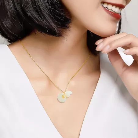 Blessings & Prosperity – Hetian White Jade Gourd Necklace in 18K Gold