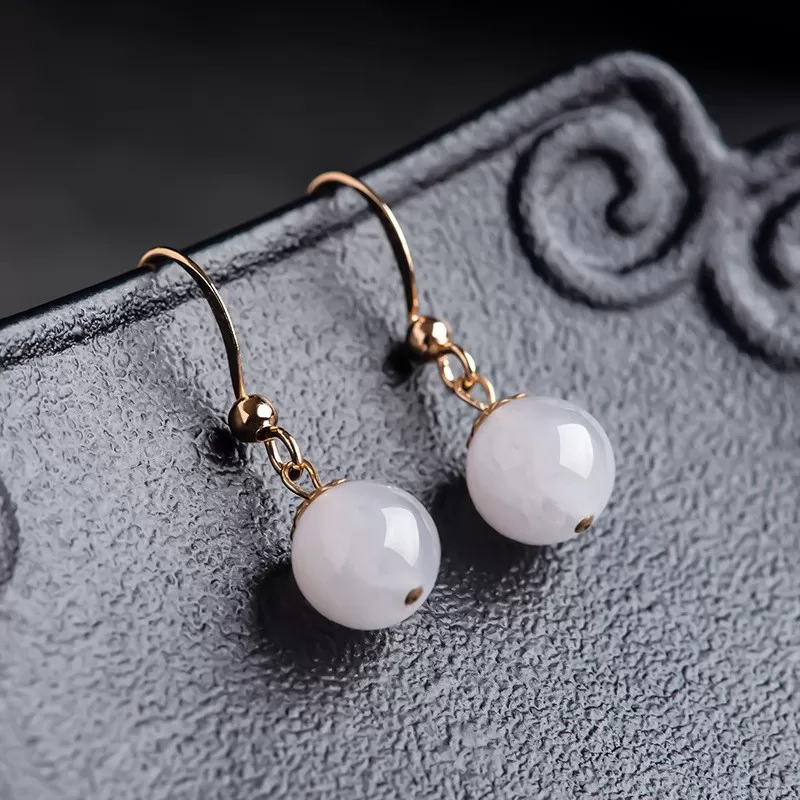 Natural Ice Jade Earrings – Type A White Jadeite Beads with S925 Silver | Elegant Chinese