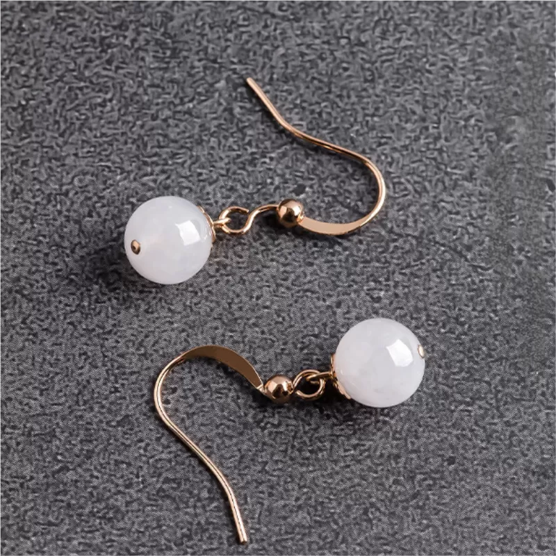 Natural Ice Jade Earrings – Type A White Jadeite Beads with S925 Silver | Elegant Chinese