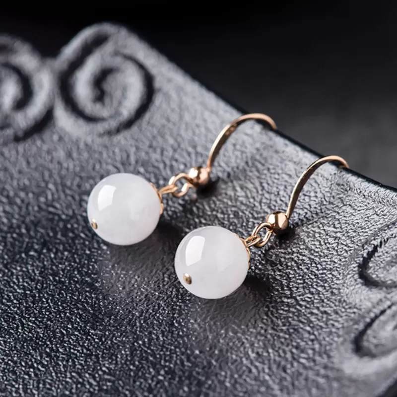 Natural Ice Jade Earrings – Type A White Jadeite Beads with S925 Silver | Elegant Chinese
