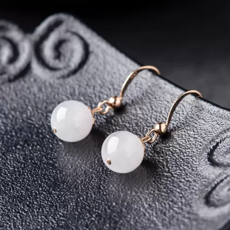 Natural Ice Jade Earrings – Type A White Jadeite Beads with S925 Silver | Elegant Chinese