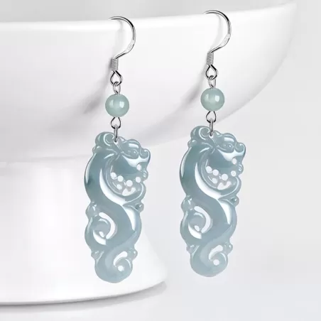 Natural Blue Water Jade Dragon Earrings – Type A Ice Jadeite Dangle with S925 Silver | Vintage Chinese Style