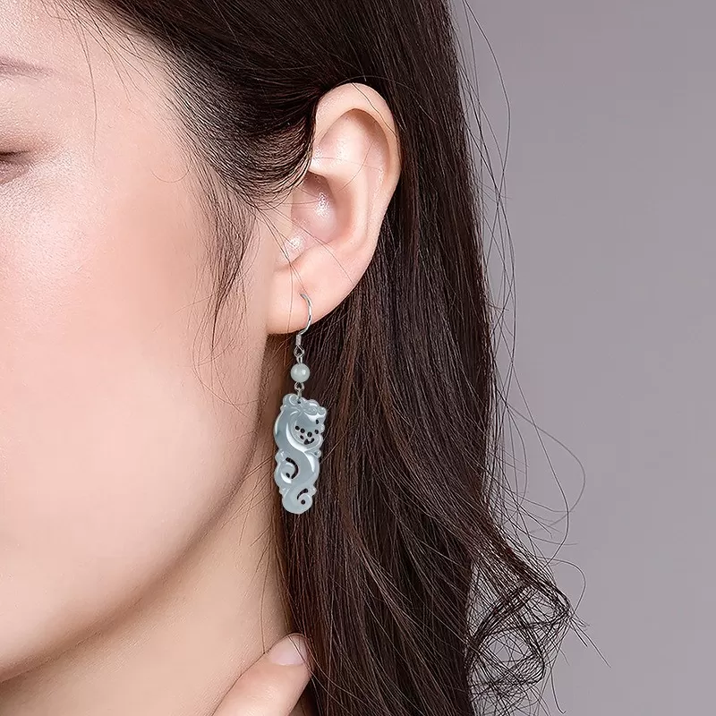 Natural Blue Water Jade Dragon Earrings – Type A Ice Jadeite Dangle with S925 Silver | Vintage Chinese Style