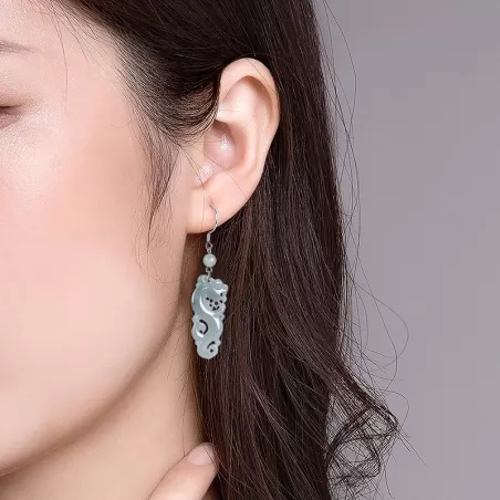 Natural Blue Water Jade Dragon Earrings – Type A Ice Jadeite Dangle with S925 Silver | Vintage Chinese Style