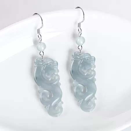 Natural Blue Water Jade Dragon Earrings – Type A Ice Jadeite Dangle with S925 Silver | Vintage Chinese Style