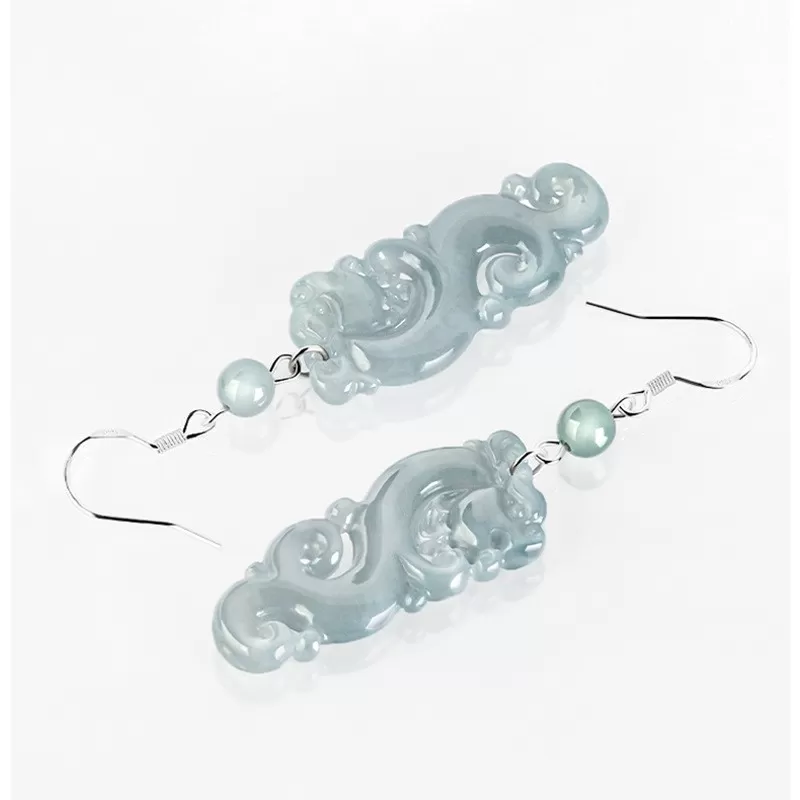 Natural Blue Water Jade Dragon Earrings – Type A Ice Jadeite Dangle with S925 Silver | Vintage Chinese Style