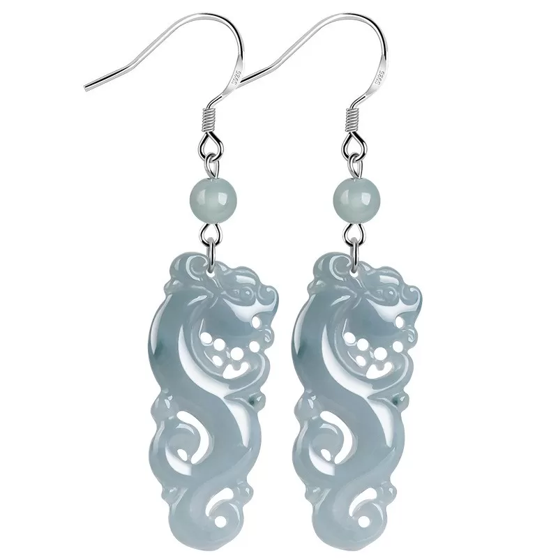 Natural Blue Water Jade Dragon Earrings – Type A Ice Jadeite Dangle with S925 Silver | Vintage Chinese Style