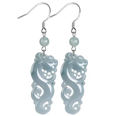 Natural Blue Water Jade Dragon Earrings – Type A Ice Jadeite Dangle with S925 Silver | Vintage Chinese Style