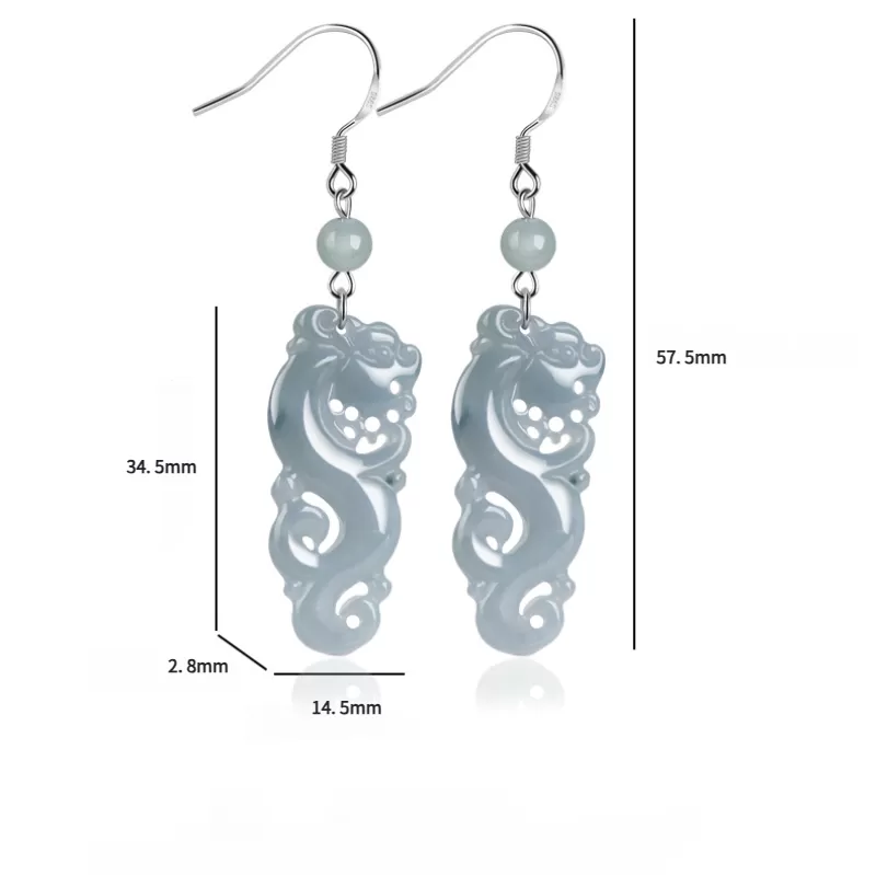 Natural Blue Water Jade Dragon Earrings – Type A Ice Jadeite Dangle with S925 Silver | Vintage Chinese Style
