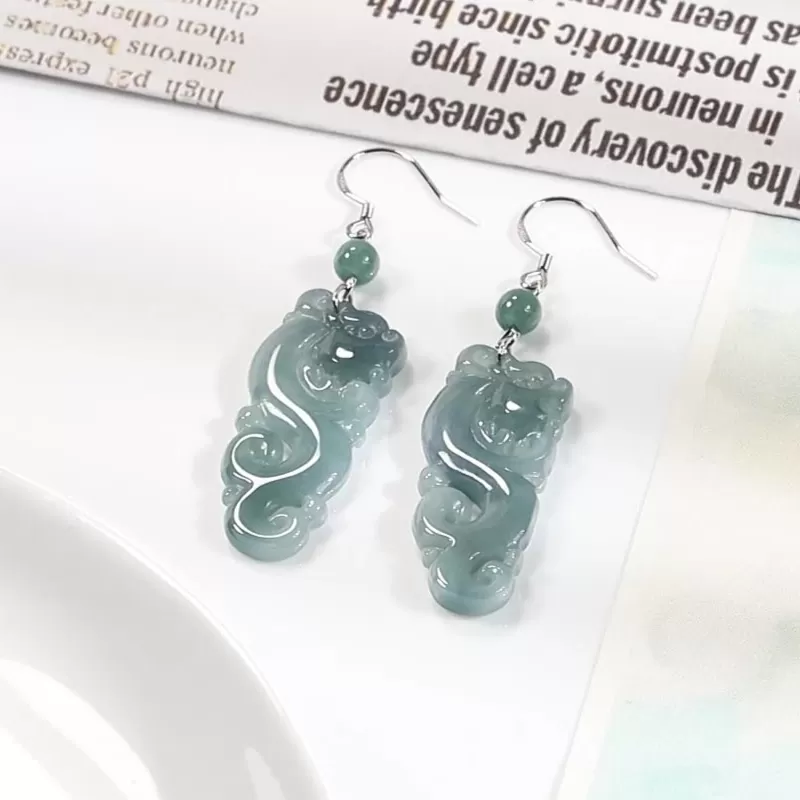 Natural Blue Water Jade Dragon Earrings – Type A Ice Jadeite Dangle with S925 Silver | Vintage Chinese Style