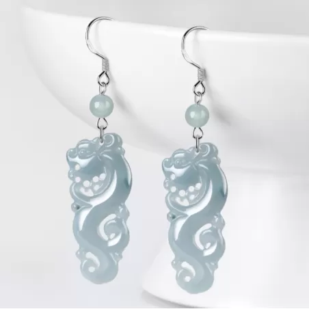 Natural Blue Water Jade Dragon Earrings – Type A Ice Jadeite Dangle with S925 Silver | Vintage Chinese Style