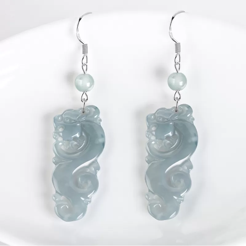 Natural Blue Water Jade Dragon Earrings – Type A Ice Jadeite Dangle with S925 Silver | Vintage Chinese Style