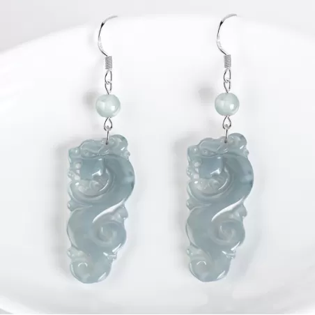 Natural Blue Water Jade Dragon Earrings – Type A Ice Jadeite Dangle with S925 Silver | Vintage Chinese Style