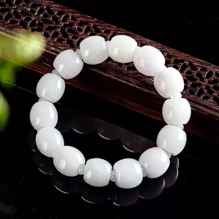 White Jade "Lu Lu Tong" Bracelet – Natural Burmese Type A | Ice-Type Barrel Beads | Wealth & Prosperity Amulet | Unisex