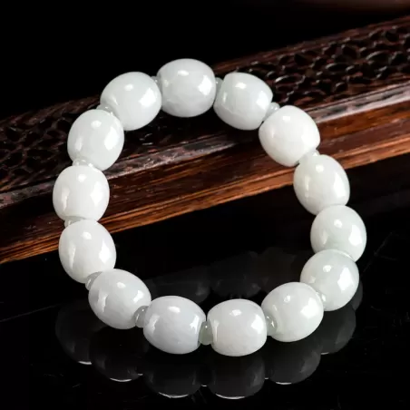 White Jade "Lu Lu Tong" Bracelet – Natural Burmese Type A | Ice-Type Barrel Beads | Wealth & Prosperity Amulet | Unisex