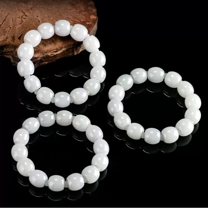 White Jade "Lu Lu Tong" Bracelet – Natural Burmese Type A | Ice-Type Barrel Beads | Wealth & Prosperity Amulet | Unisex