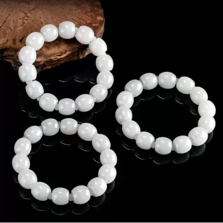 White Jade "Lu Lu Tong" Bracelet – Natural Burmese Type A | Ice-Type Barrel Beads | Wealth & Prosperity Amulet | Unisex