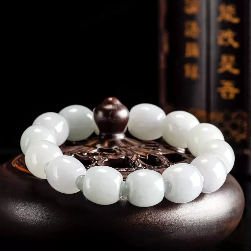 White Jade "Lu Lu Tong" Bracelet – Natural Burmese Type A | Ice-Type Barrel Beads | Wealth & Prosperity Amulet | Unisex