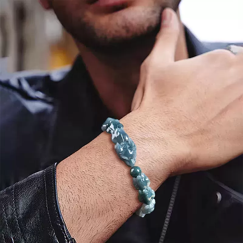 Genuine Blue Water Jade Dragon Spine Bracelet – Natural Type A Burmese Jade | Ice-Type Texture | Hand-Carved Men’s Power Bracele