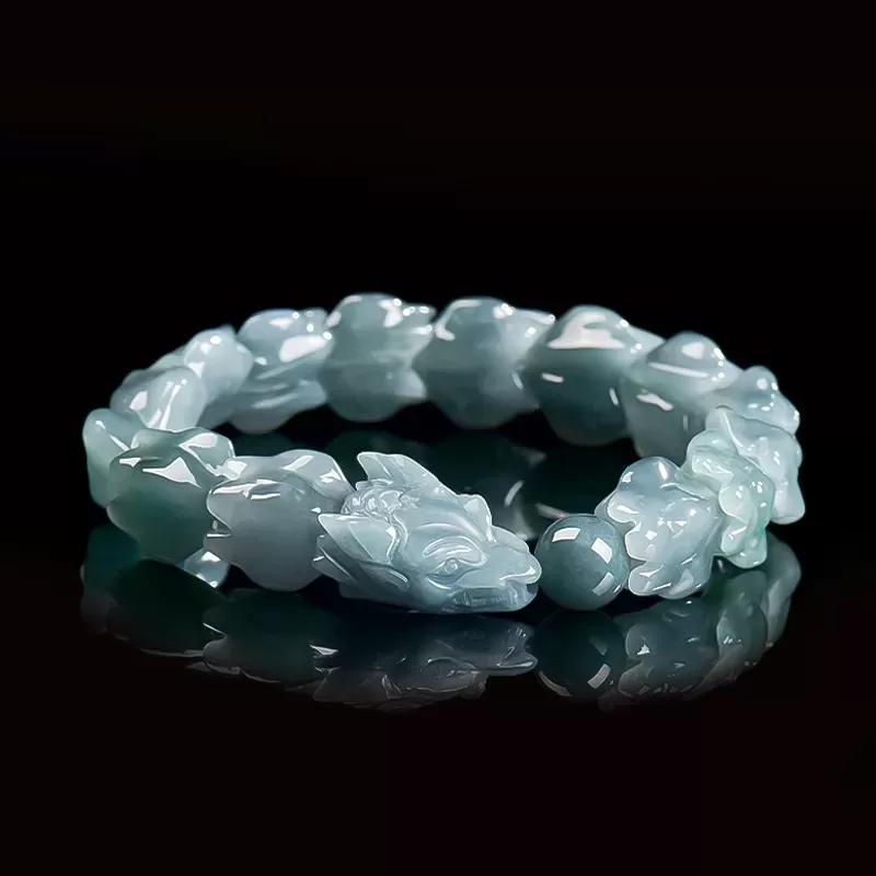 Genuine Blue Water Jade Dragon Spine Bracelet – Natural Type A Burmese Jade | Ice-Type Texture | Hand-Carved Men’s Power Bracele
