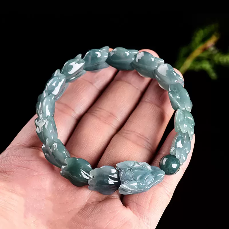 Genuine Blue Water Jade Dragon Spine Bracelet – Natural Type A Burmese Jade | Ice-Type Texture | Hand-Carved Men’s Power Bracele