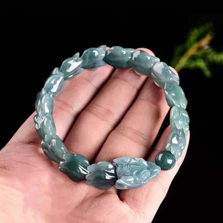 Genuine Blue Water Jade Dragon Spine Bracelet – Natural Type A Burmese Jade | Ice-Type Texture | Hand-Carved Men’s Power Bracele
