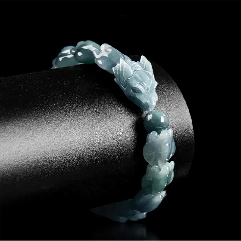 Genuine Blue Water Jade Dragon Spine Bracelet – Natural Type A Burmese Jade | Ice-Type Texture | Hand-Carved Men’s Power Bracele