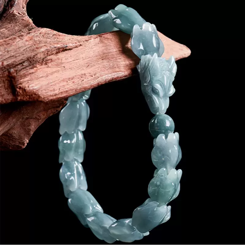Genuine Blue Water Jade Dragon Spine Bracelet – Natural Type A Burmese Jade | Ice-Type Texture | Hand-Carved Men’s Power Bracele