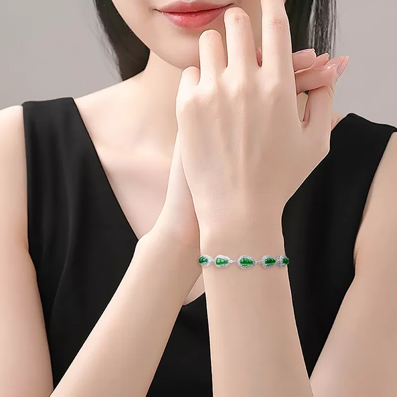 Green Jadeite Gourd Bracelet – Natural Ice Jade with S925 Silver | Elegant Women’s Jewelry