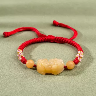 Golden Silk Jade Pixiu Wealth Bracelet – Handmade Knot with Earth-Tone Jade | Lucky Amulet for Protection & Abundance | Earth El