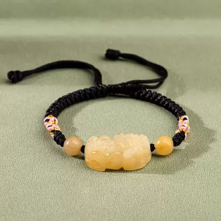 Golden Silk Jade Pixiu Wealth Bracelet – Handmade Knot with Earth-Tone Jade | Lucky Amulet for Protection & Abundance | Earth El