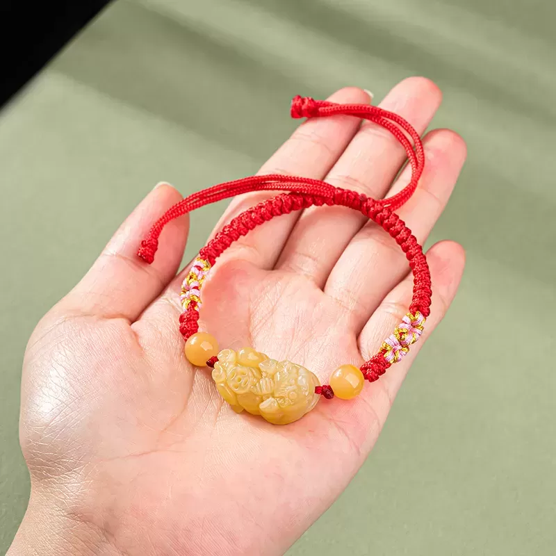Golden Silk Jade Pixiu Wealth Bracelet – Handmade Knot with Earth-Tone Jade | Lucky Amulet for Protection & Abundance | Earth El