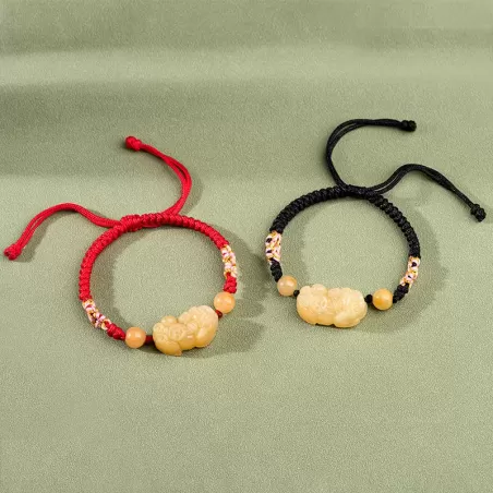 Golden Silk Jade Pixiu Wealth Bracelet – Handmade Knot with Earth-Tone Jade | Lucky Amulet for Protection & Abundance | Earth El