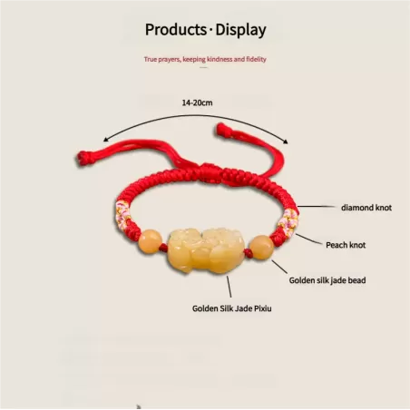 Golden Silk Jade Pixiu Wealth Bracelet – Handmade Knot with Earth-Tone Jade | Lucky Amulet for Protection & Abundance | Earth El