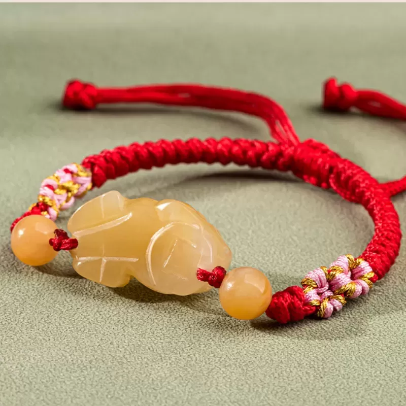 Golden Silk Jade Pixiu Wealth Bracelet – Handmade Knot with Earth-Tone Jade | Lucky Amulet for Protection & Abundance | Earth El