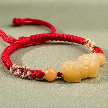 Golden Silk Jade Pixiu Wealth Bracelet – Handmade Knot with Earth-Tone Jade | Lucky Amulet for Protection & Abundance | Earth El