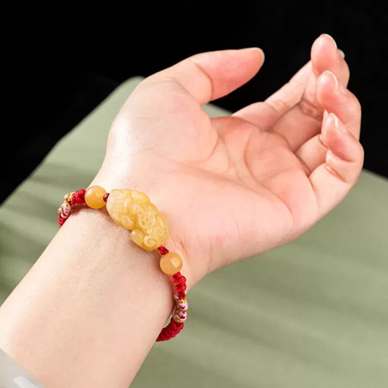 Golden Silk Jade Pixiu Wealth Bracelet – Handmade Knot with Earth-Tone Jade | Lucky Amulet for Protection & Abundance | Earth El