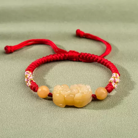 Golden Silk Jade Pixiu Wealth Bracelet – Handmade Knot with Earth-Tone Jade | Lucky Amulet for Protection & Abundance | Earth El